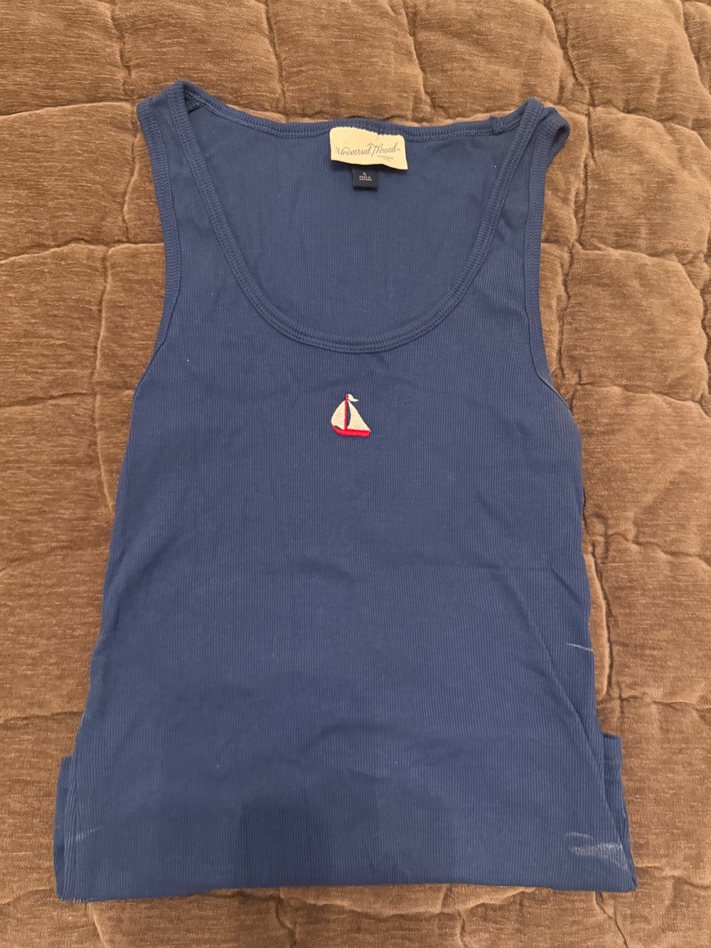 Universal Thread Navy Ribbed Tank with Sailboat Embroidery